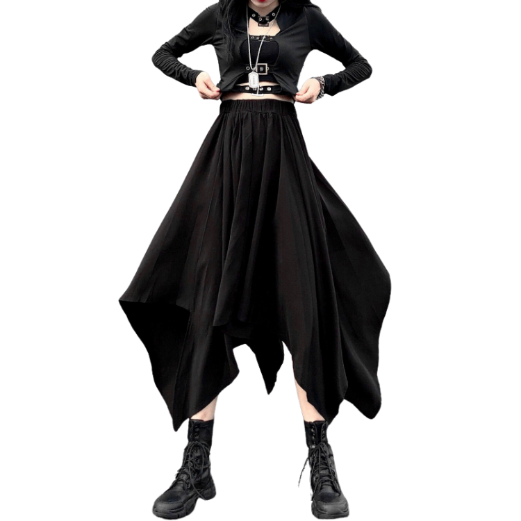 2022 Japanese street dance trend dark irregular high waist slim black A- line skirt umbrella skirt women's skirt