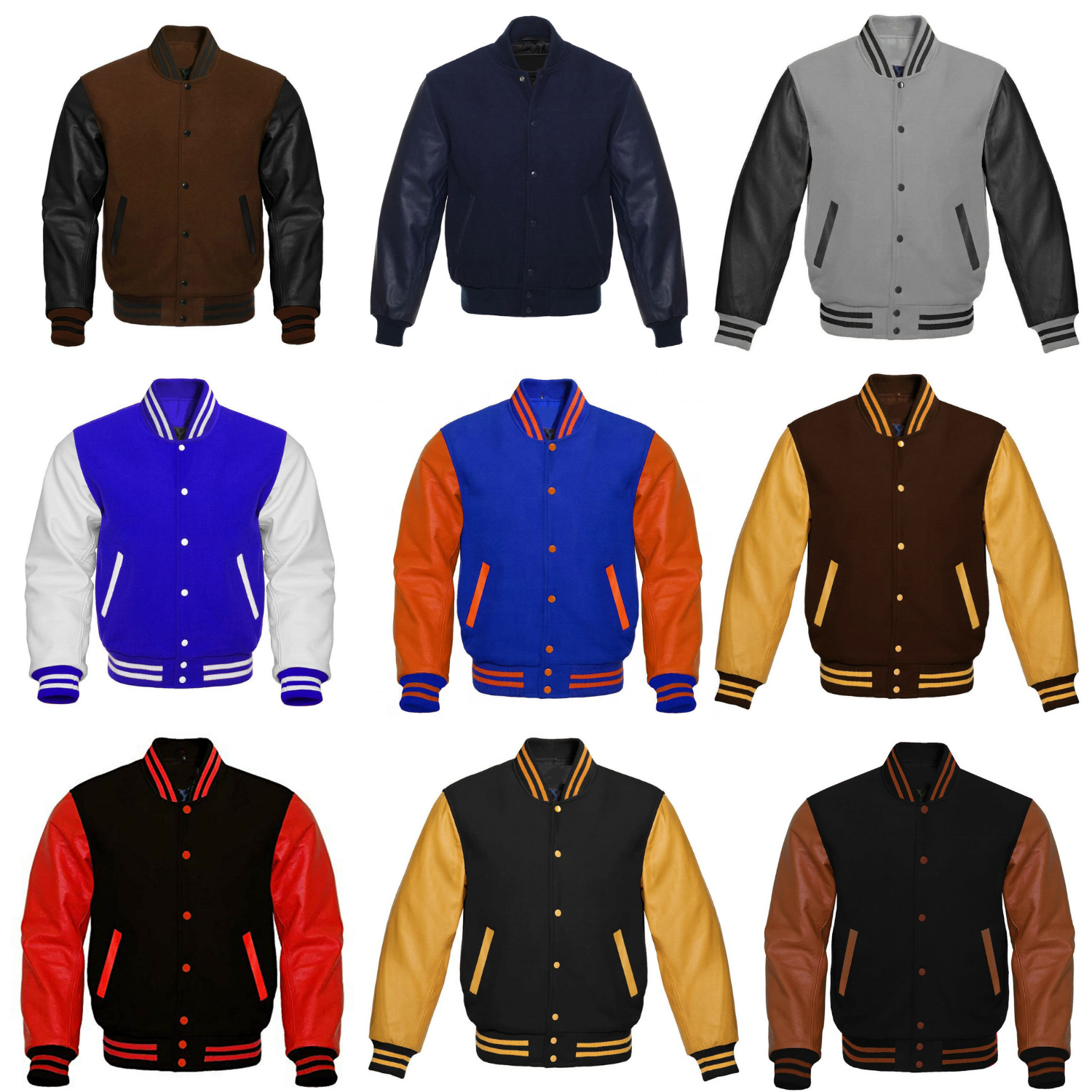 Hot Selling Customize  Casual High Quality Stretch  Wool Varsity Leather Arms Jacket Solid Button Letterman  Bomber Jacket