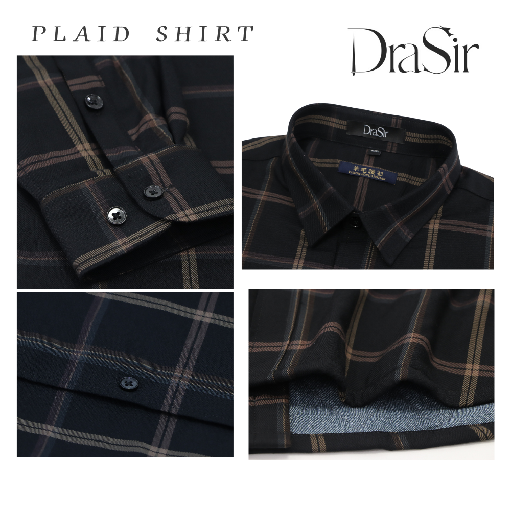 Top Quality Men Business Long Sleeve Shirt Classic Plaid Checked wool Male Social Shirts for Man brown