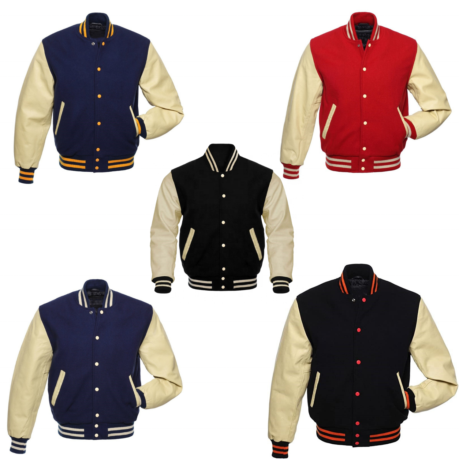 Hot Selling Customize  Casual High Quality Stretch  Wool Varsity Leather Arms Jacket Solid Button Letterman  Bomber Jacket