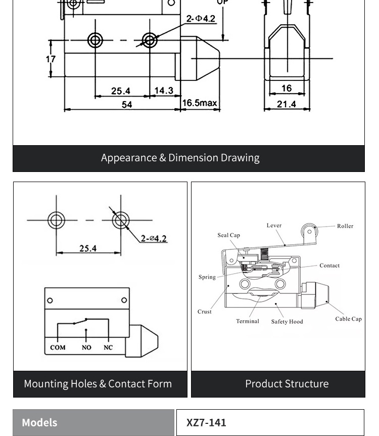 XURUI XZ7141 12V roller lever type elevator limit switch