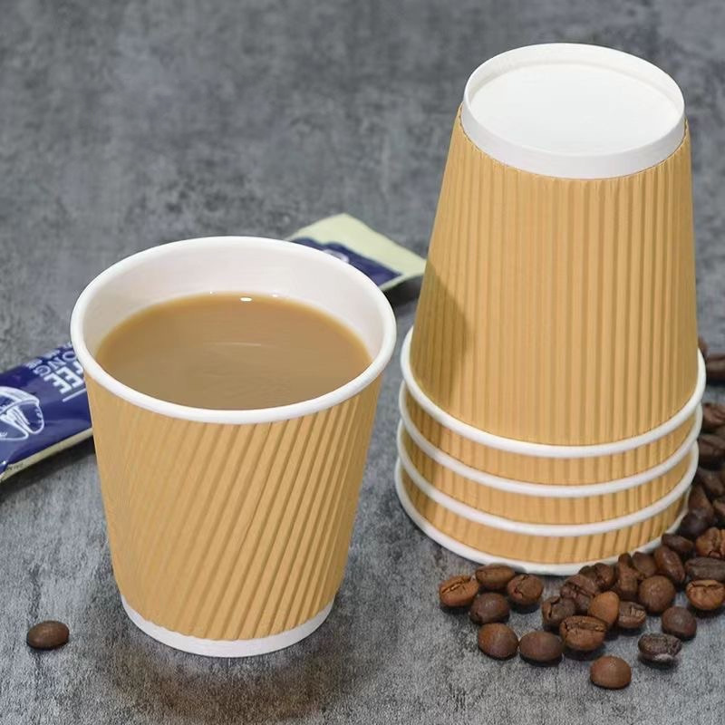 Custom Logo Printed 16 oz Kraft and Craft Paper Disposable Paper  Ripple Wall Coffee Cups for Tea and Beverage Packaging