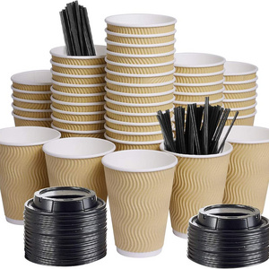 Custom Logo Printed 16 oz Kraft and Craft Paper Disposable Paper  Ripple Wall Coffee Cups for Tea and Beverage Packaging