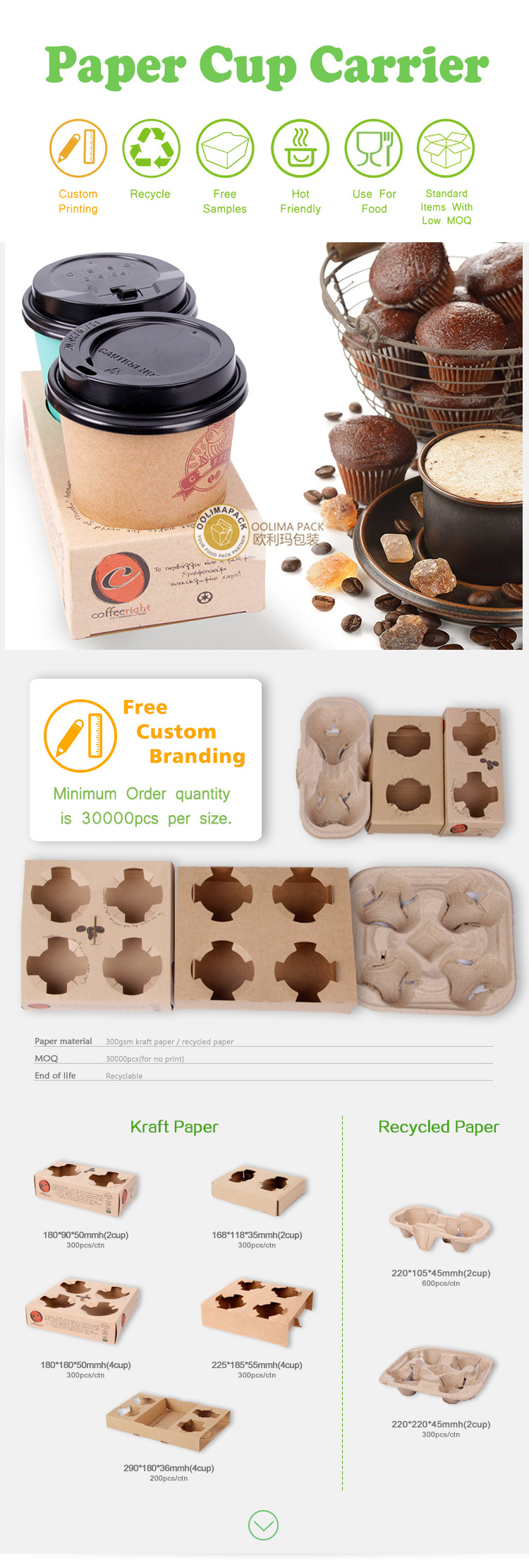 Custom logo print disposable take away  paper or plastic cup kraft paper holder