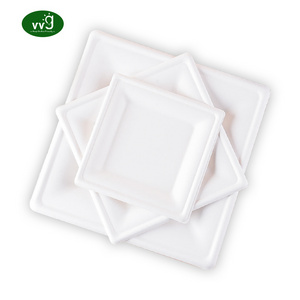 VVG no add pfas 6 8 10 inch compostable bio degradable sugarcane bagasse pulp paper white disposable square plates