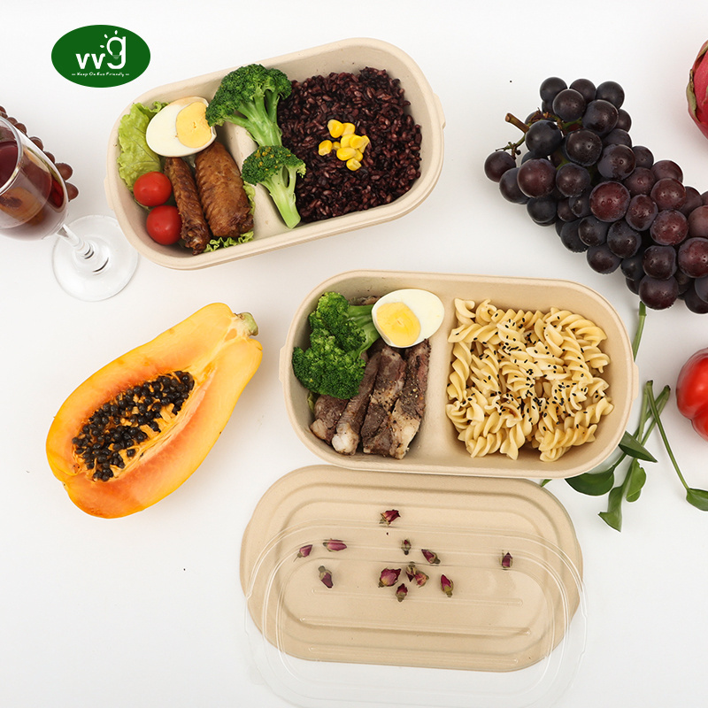 VVG 1000ml food packaging to-go box 2 compartment biodegradable bamboo pulp paper lunch bento box disposable