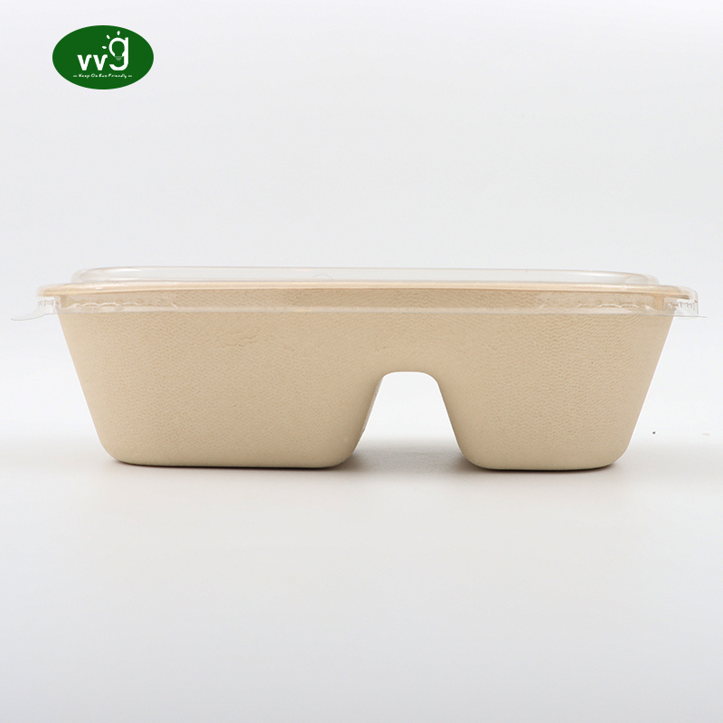 VVG 1000ml food packaging to-go box 2 compartment biodegradable bamboo pulp paper lunch bento box disposable