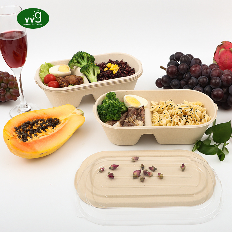 VVG 1000ml food packaging to-go box 2 compartment biodegradable bamboo pulp paper lunch bento box disposable