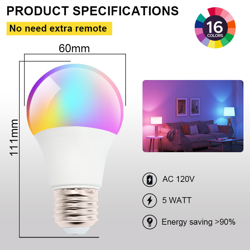 Hot Sell RGB LED Bulb 16 Color Changing Home Smart  40W 5W 120V UL ETL ES smart LED BULB Light