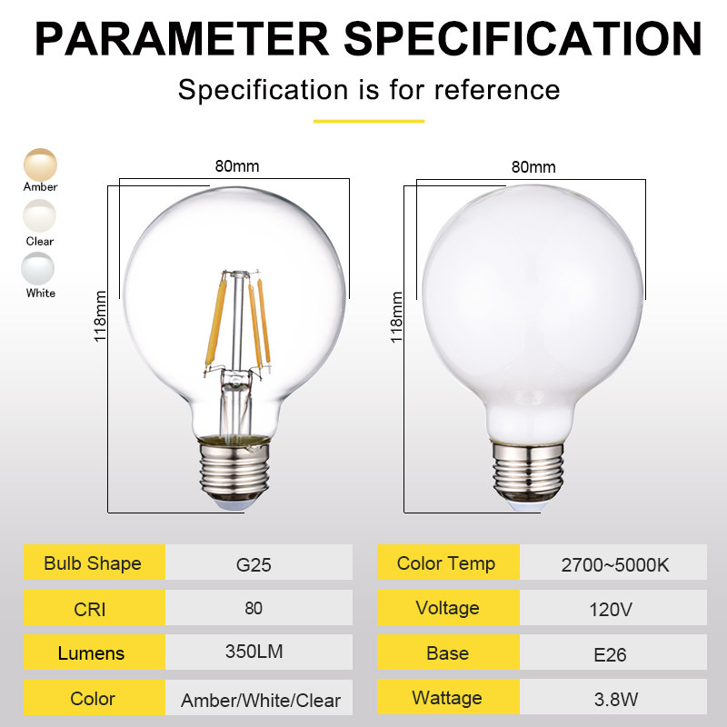 Filament White/Clear G25 RA80 40W 3.8W 120V UL ETL listed LED Incandescent BULB Light