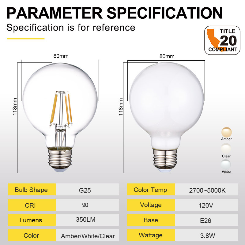 Filament White/Clear G25 RA90 40W 3.8W 120V CEC T20 UL ETL listed LED BULB Light