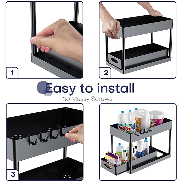 2 Tier Under Sliding Cabinet Basket Organizer Drawer Black Under Sink Organizer  for Bathroom Kitchen