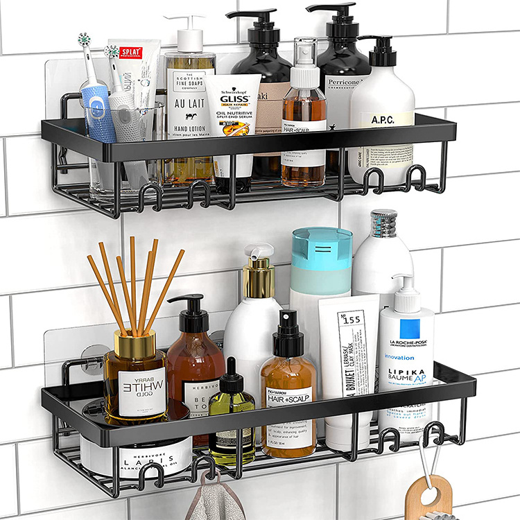 4-Pack Shower Caddy Shelf Organizer Rack with Soap Dish Holder Self Adhesive Black Bathroom Basket Shelves with Hooks