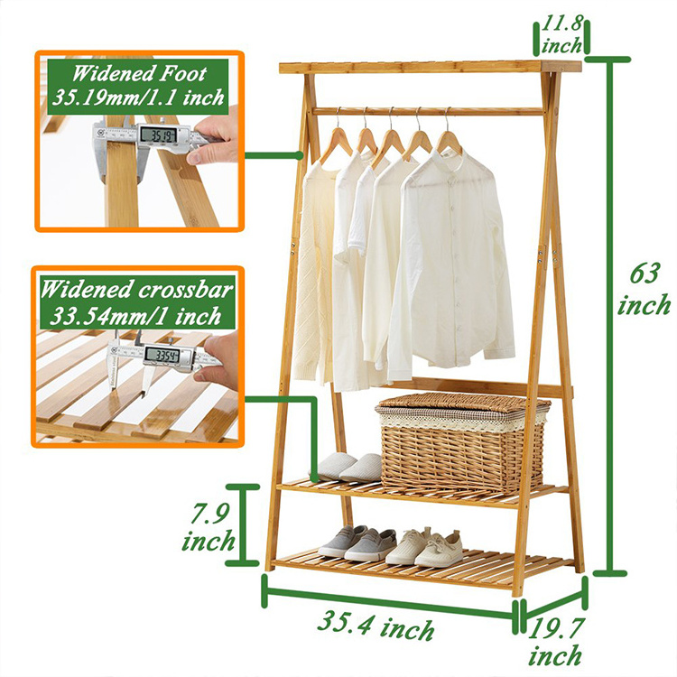 Bamboo Coat Clothes Hanging Heavy Duty Garment Rack with top Shelf and Shoe Clothing Storage Organizer Shelves