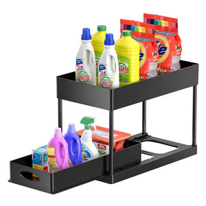 2 Tier Under Sliding Cabinet Basket Organizer Drawer Black Under Sink Organizer  for Bathroom Kitchen