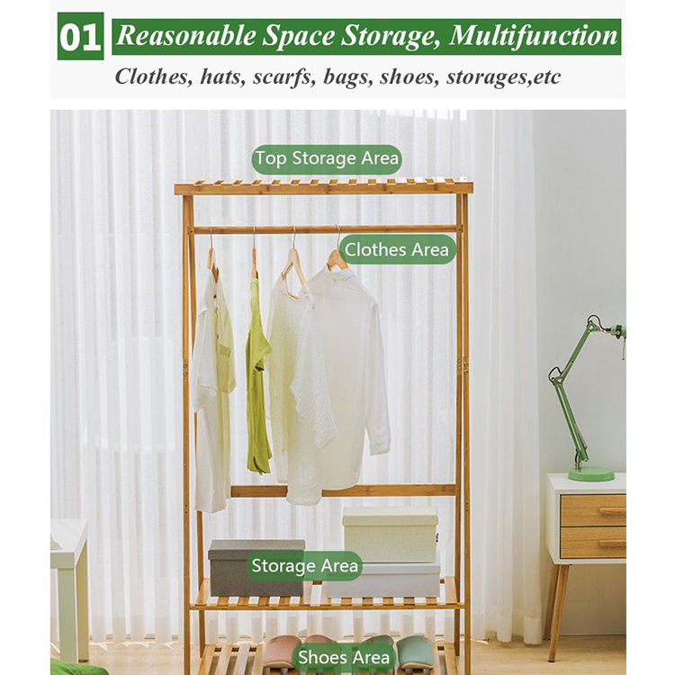 Bamboo Coat Clothes Hanging Heavy Duty Garment Rack with top Shelf and Shoe Clothing Storage Organizer Shelves