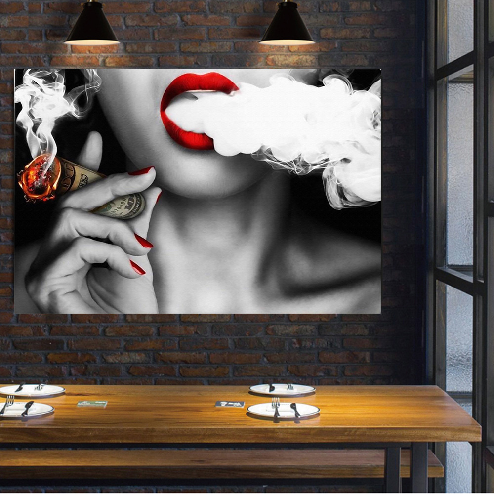 Pop Wall Art Decor Poster Women Smoking Money Red Lips Girl Art Wall Painting Custom Canvas Print  mural decor