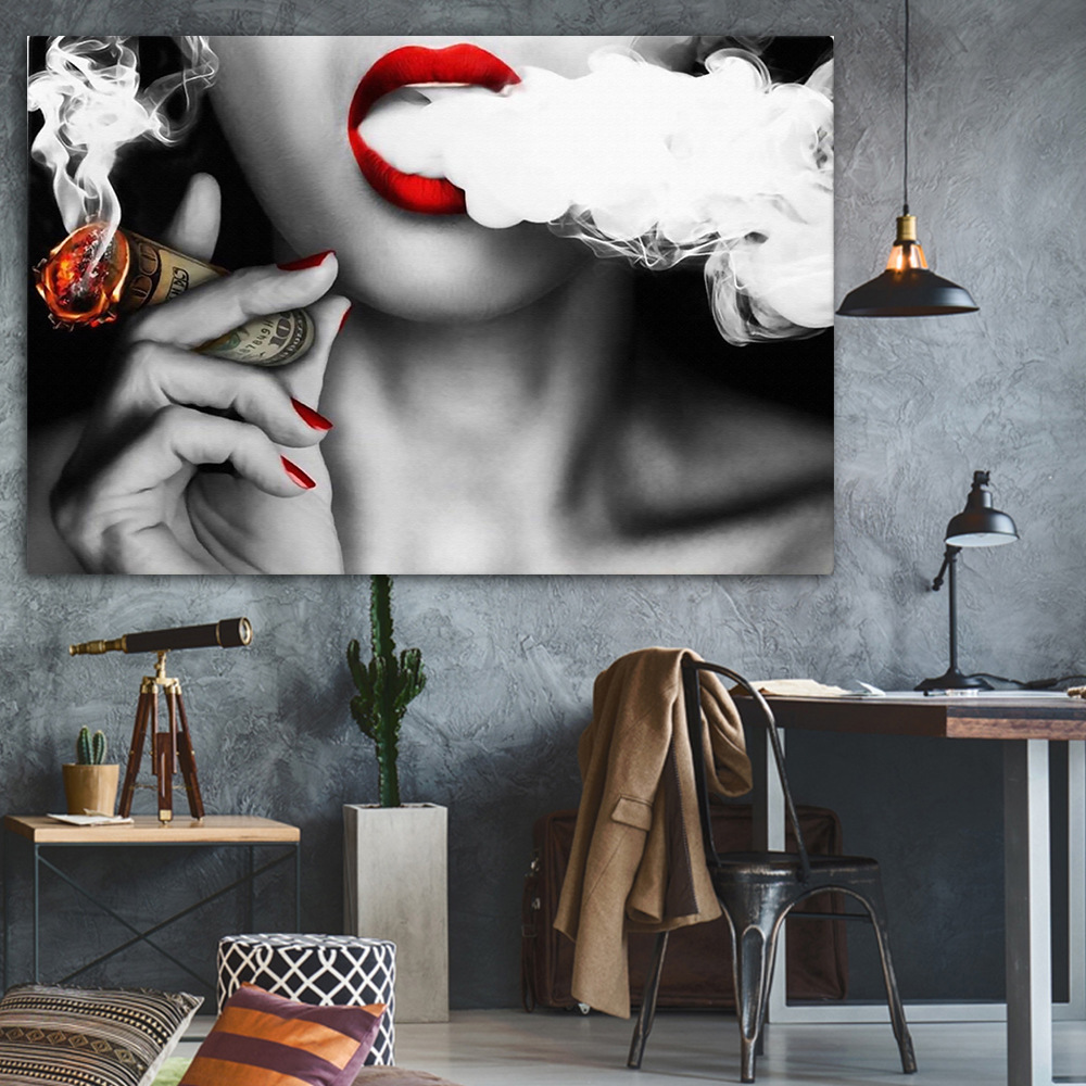 Pop Wall Art Decor Poster Women Smoking Money Red Lips Girl Art Wall Painting Custom Canvas Print  mural decor