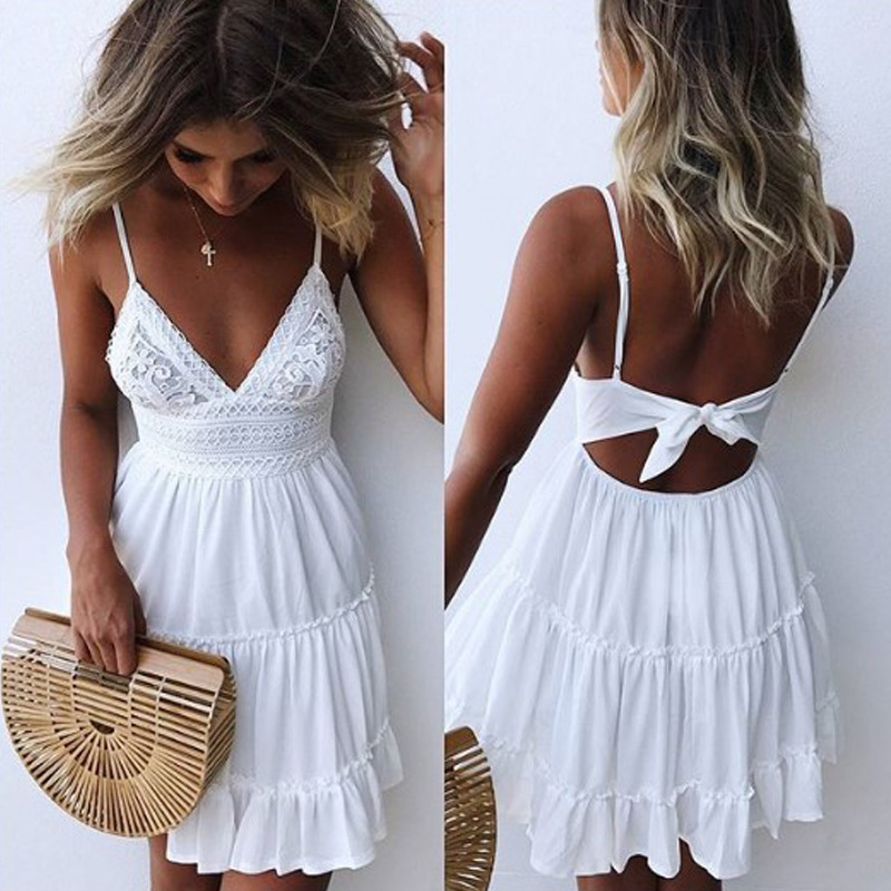 Hot Summer Fashion V Neck Backless Ladies Elegant Dresses Sexy Women Lace Dress