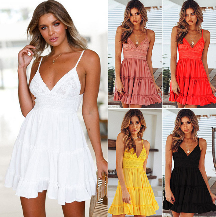 Hot Summer Fashion V Neck Backless Ladies Elegant Dresses Sexy Women Lace Dress