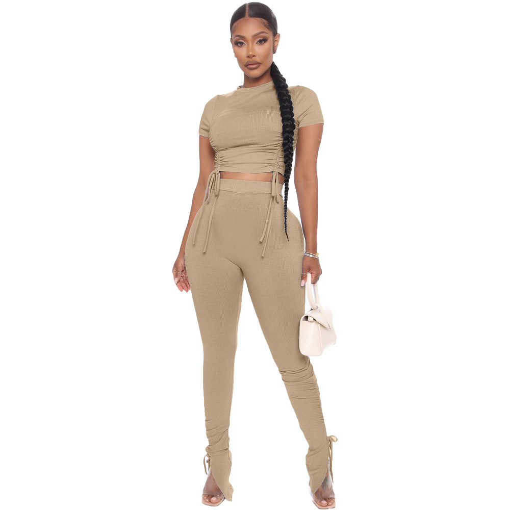 2024 Women 2 Piece Outfits Sweatsuit - Sexy Ruched Ribbed Crop Top Skinny Pants Jogger Set Tracksuit