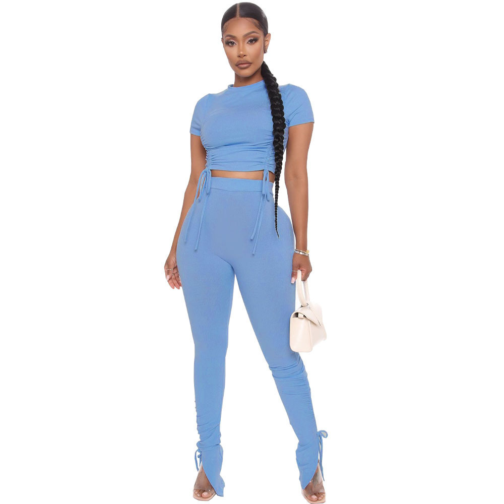 2024 Women 2 Piece Outfits Sweatsuit - Sexy Ruched Ribbed Crop Top Skinny Pants Jogger Set Tracksuit