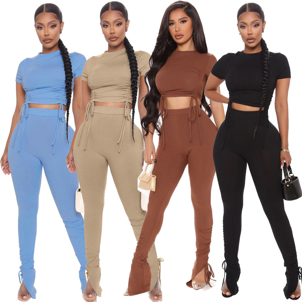 2024 Women 2 Piece Outfits Sweatsuit - Sexy Ruched Ribbed Crop Top Skinny Pants Jogger Set Tracksuit