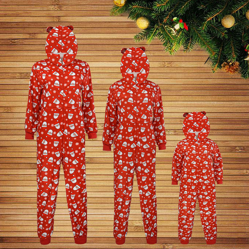 Autumn Winter Long Sleeves Lounge Pajama parent-child fashion hooded Santa Cartoon printed jumpsuit for Christmas