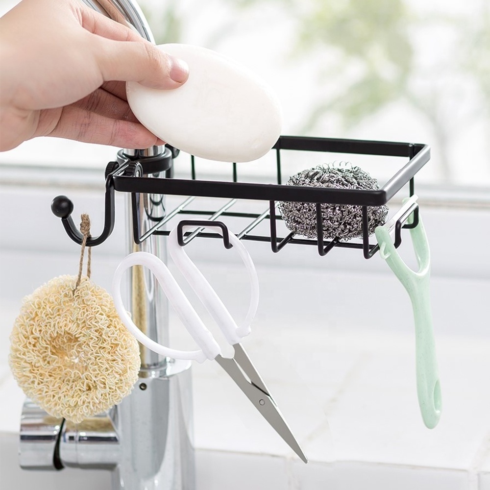 JX- Faucet Sponge Holder Kitchen Sink or Shower Caddy Basket with Hook Cleaning Brush Soap Dishwashing Liquid Drain Rack - black