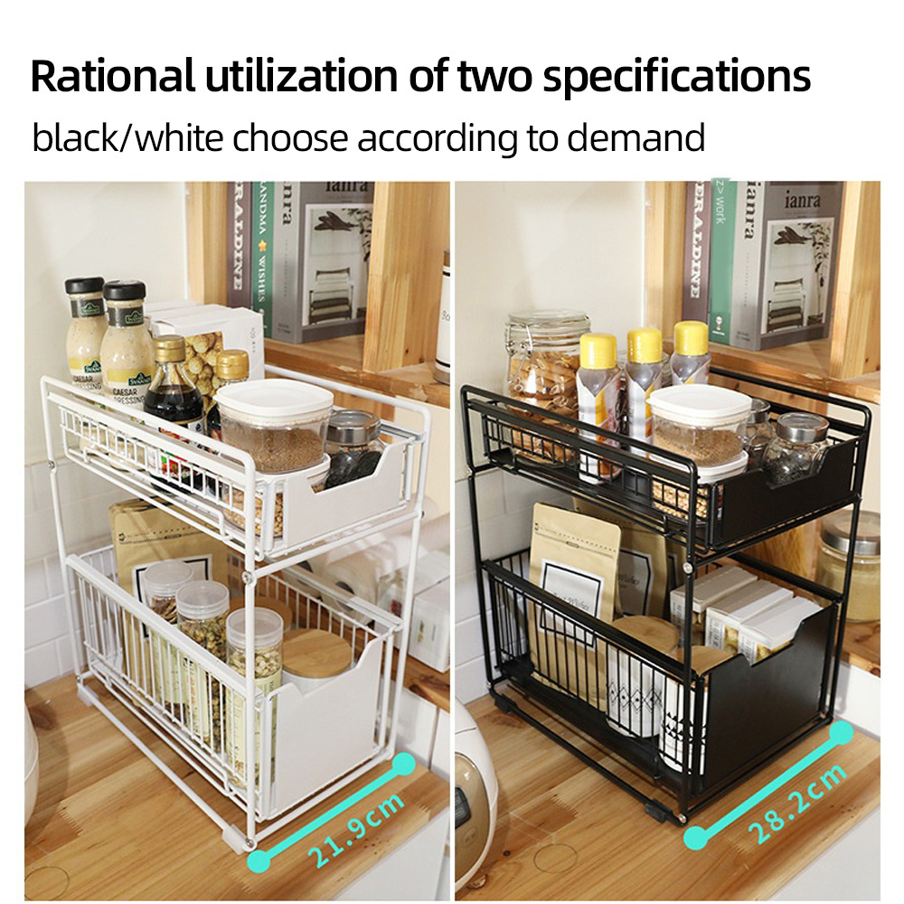 JX-Dropshipping 2 tier under sink organizer kitchen push-pull cabinet organizer with sliding storage basket drawer black white