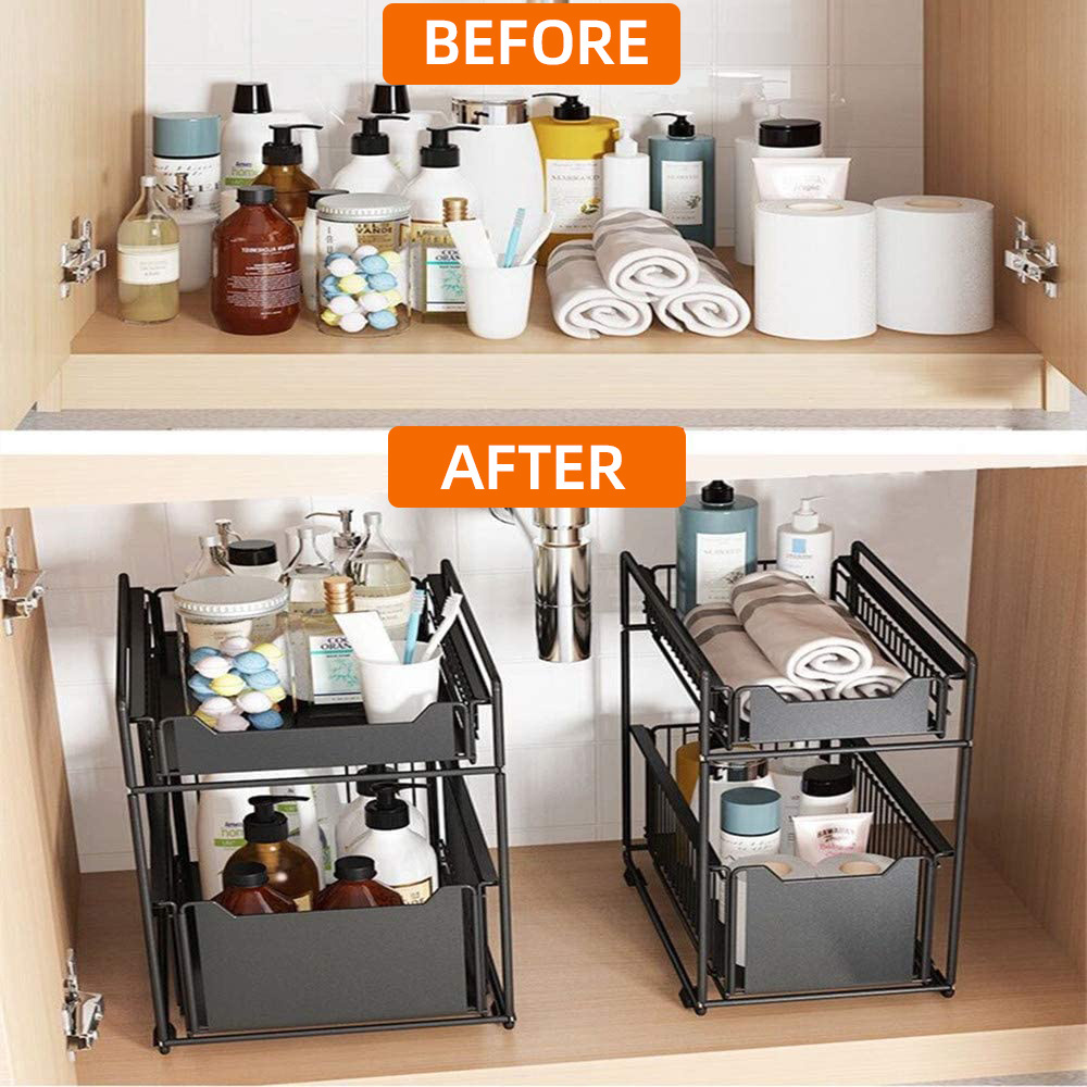 JX-Dropshipping 2 tier under sink organizer kitchen push-pull cabinet organizer with sliding storage basket drawer black white