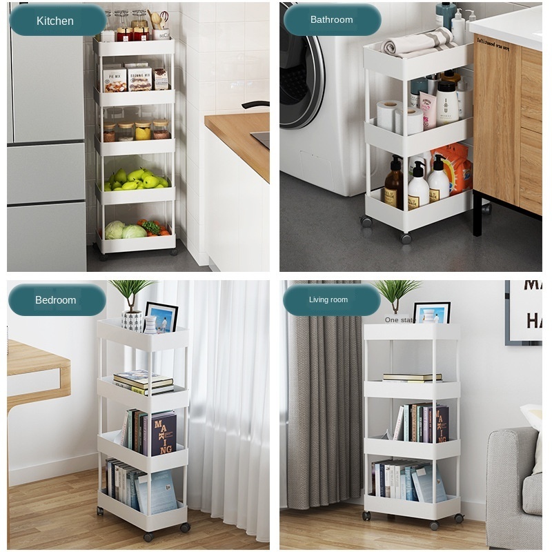 Floor Standing Multi-Layer ABS Storage Rack Movable Trolley Kitchen Refrigerator Side Slit Clip Slot Shelf   Bathroom Kitchen