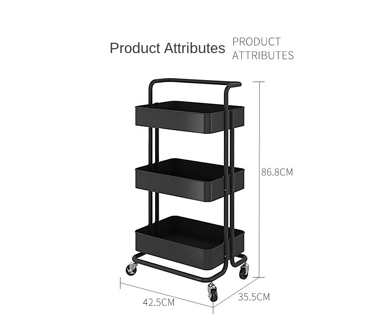 3-Tier Mobile Armrest Storage Cart with Wheels and Handle for Kitchen and Bathroom Use for Display and Organization