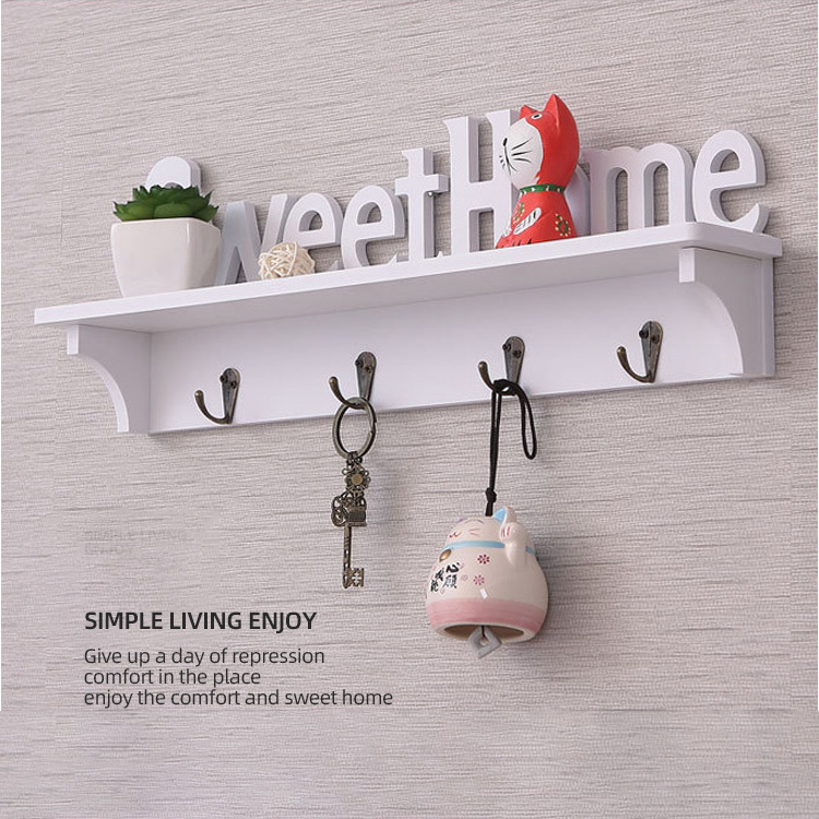 Wall-Mounted Decorative Key Holder with 4 Hooks Rustic Metal Floating Storage Shelf 'Home Sweet Home' Sign White for Room Use