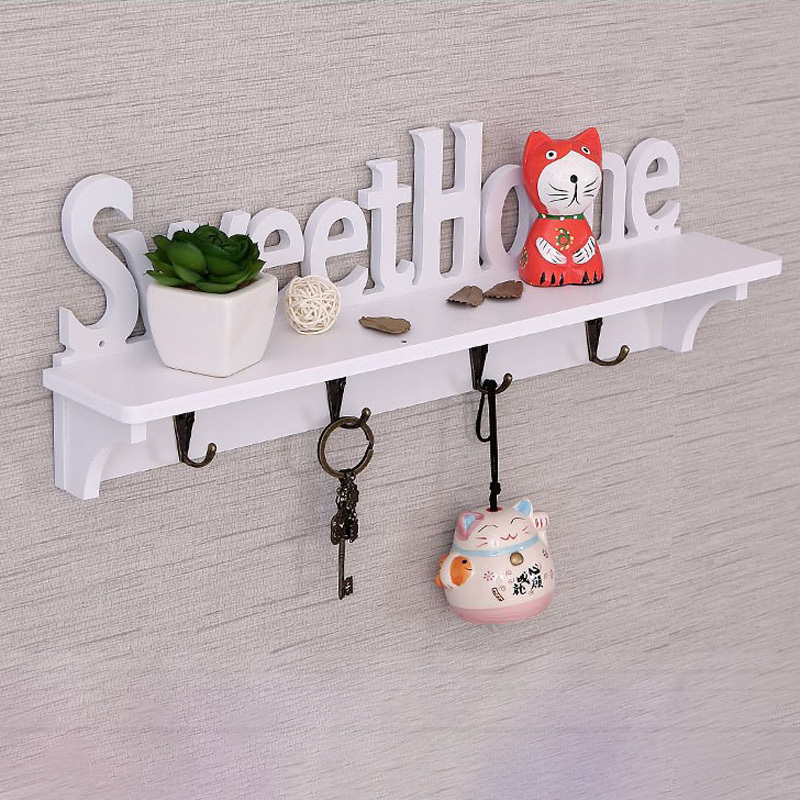 Wall-Mounted Decorative Key Holder with 4 Hooks Rustic Metal Floating Storage Shelf 'Home Sweet Home' Sign White for Room Use