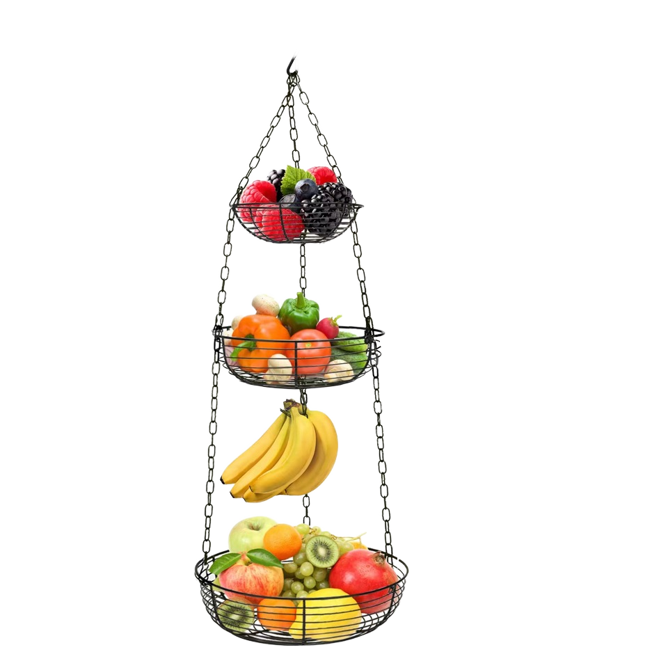 3Tier Hanging Fruit Basket with Banana Hook Heavy Duty Wire Hanging Baskets for Kitchen Storage Hanging Vegetable Produce Basket