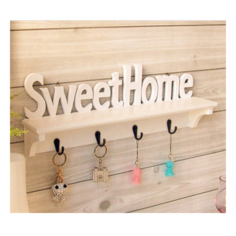 Wall-Mounted Decorative Key Holder with 4 Hooks Rustic Metal Floating Storage Shelf 'Home Sweet Home' Sign White for Room Use