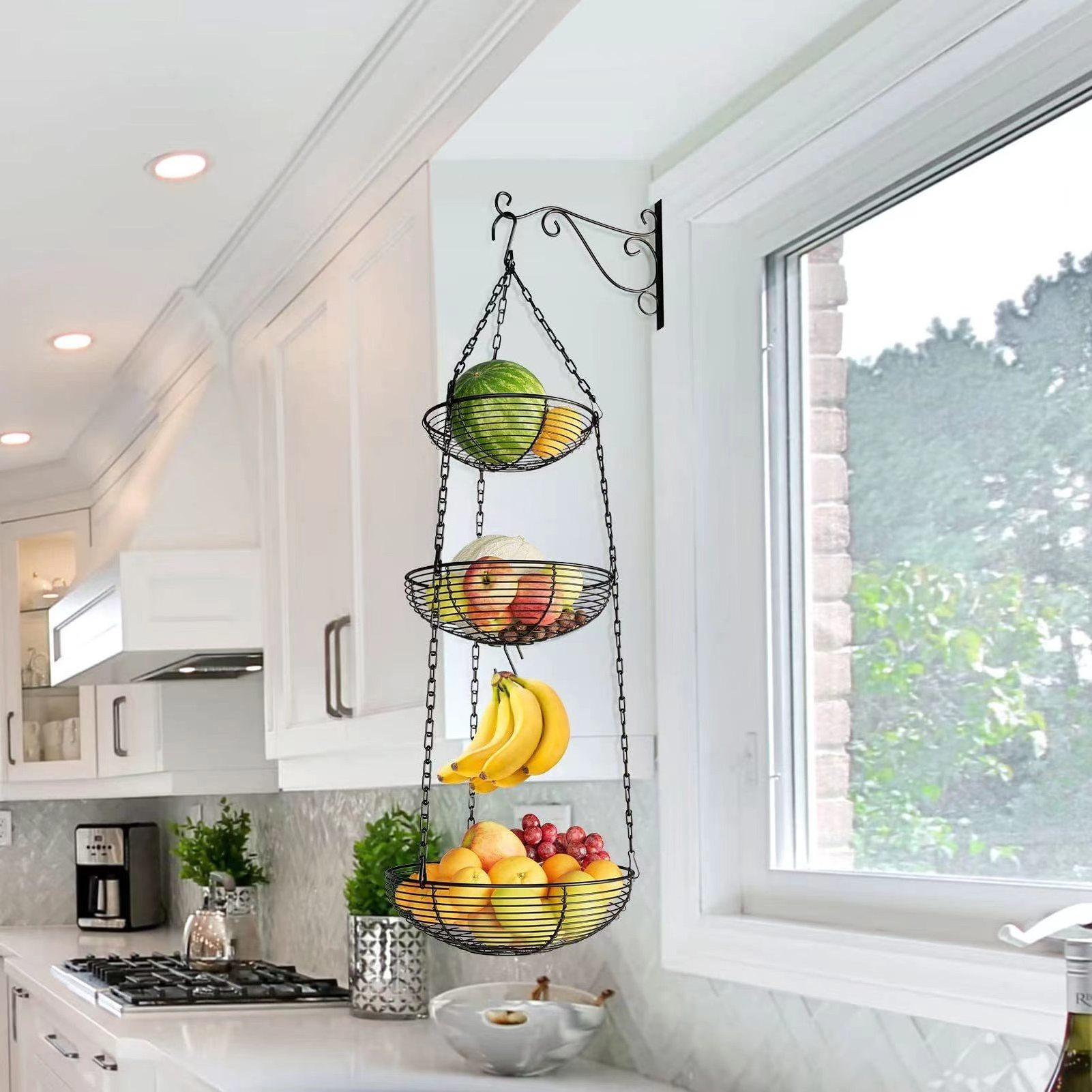 3Tier Hanging Fruit Basket with Banana Hook Heavy Duty Wire Hanging Baskets for Kitchen Storage Hanging Vegetable Produce Basket