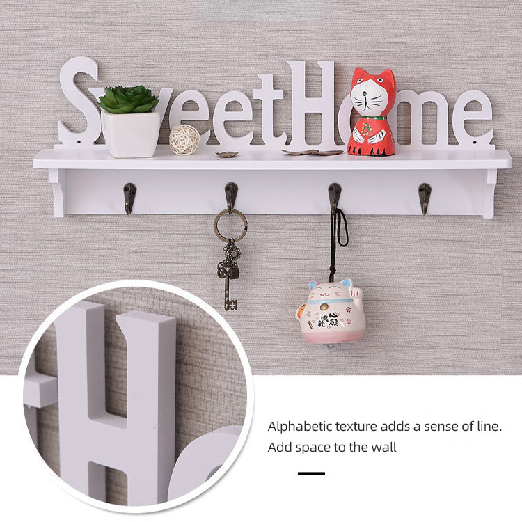 Wall-Mounted Decorative Key Holder with 4 Hooks Rustic Metal Floating Storage Shelf 'Home Sweet Home' Sign White for Room Use