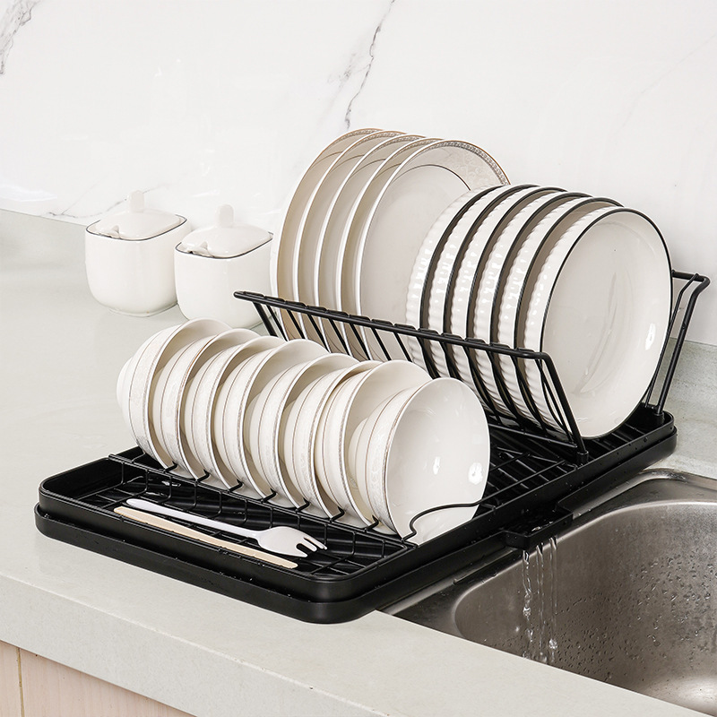 Kitchen Collapsible Dish Rack Stainless Steel and Wood Metal Drain Bowl Chopsticks Storage Rack for Household Use