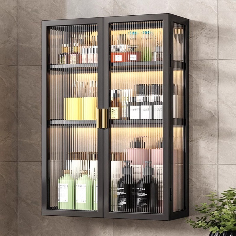 Wall Cabinet White Transparent Wall Cabinet with 2 Doors 2-Tier Spice Storage Rack Kitchen Bathroom Lockers Wall Hanging