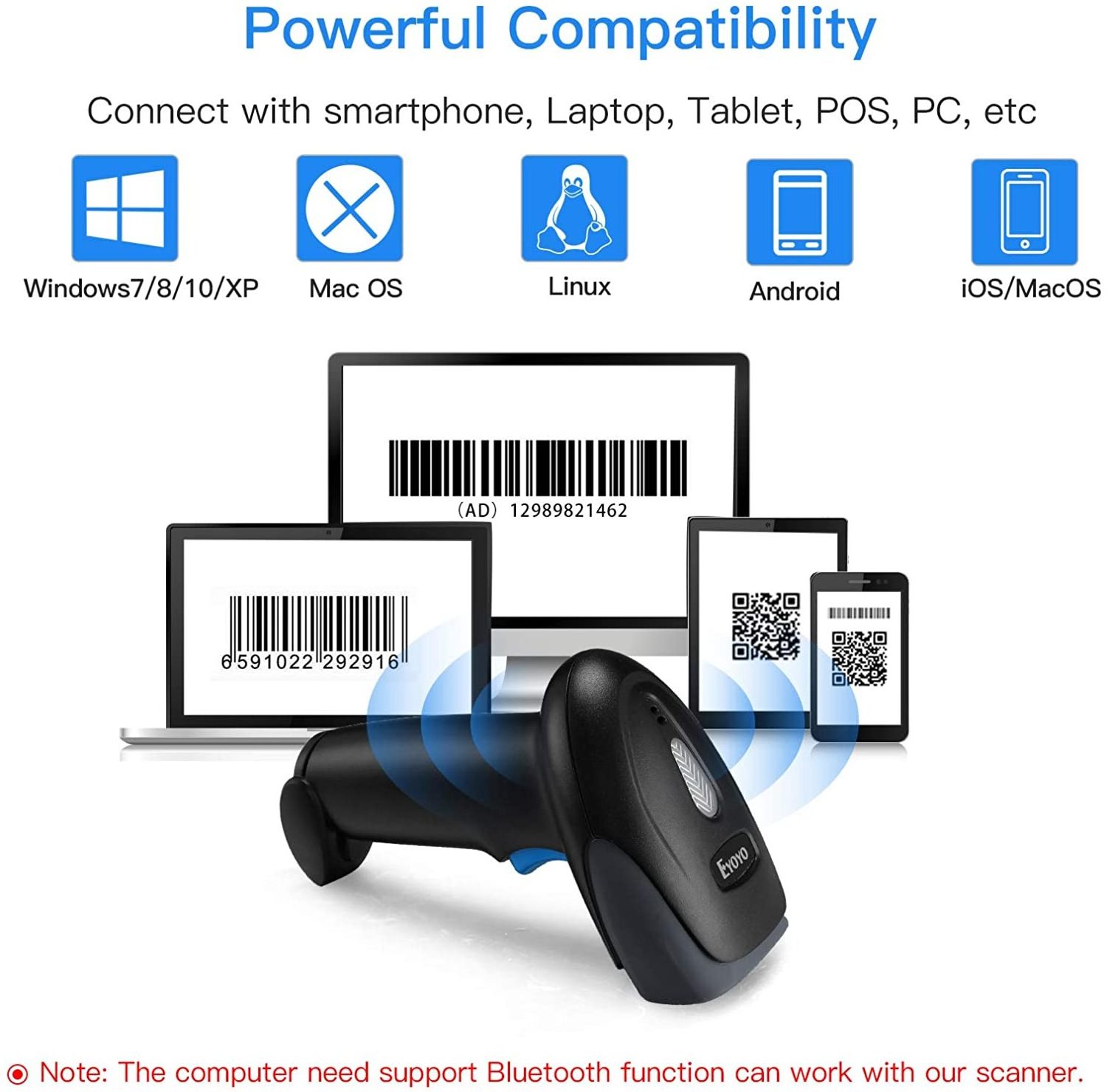 YOKO BWM930 Bluetooth Barcode Scanner, Handheld Wireless USB Wired Barcode Reader with 1D QR Auto Sensing for Inventory Mana