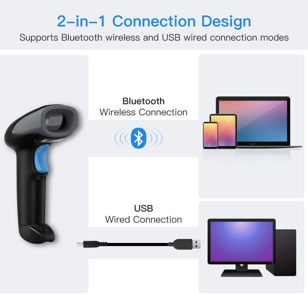 YOKO BWM930 Bluetooth Barcode Scanner, Handheld Wireless USB Wired Barcode Reader with 1D QR Auto Sensing for Inventory Mana