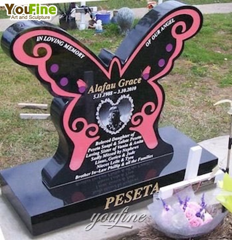 High Quality Natural Stone Granite Dark Gray Marble Butterfly Headstone for Sale