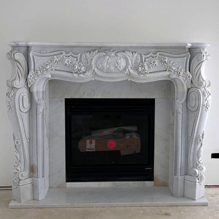 Indoor Freestanding Carved White Marble Decorative Stone Fireplace Mantle