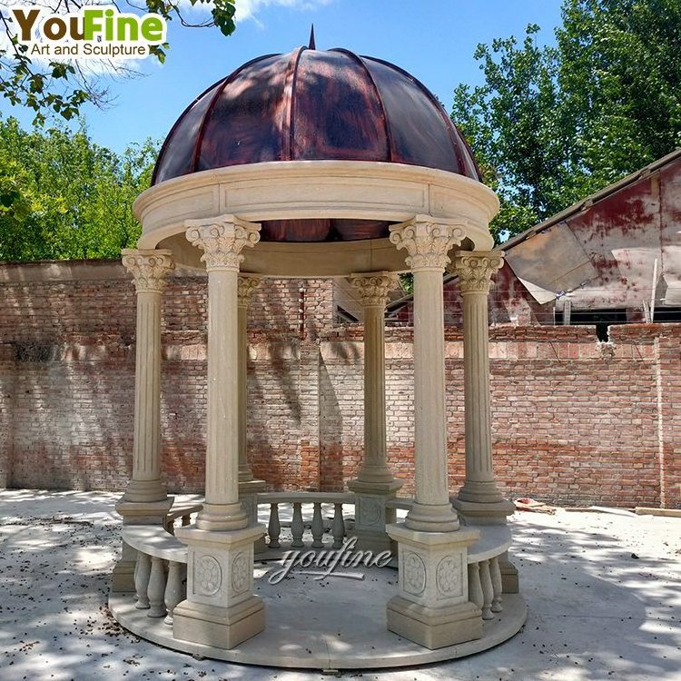 Exotic Statue Column Garden Pavilion with Marble Dome Top Stone Marble Gazebo