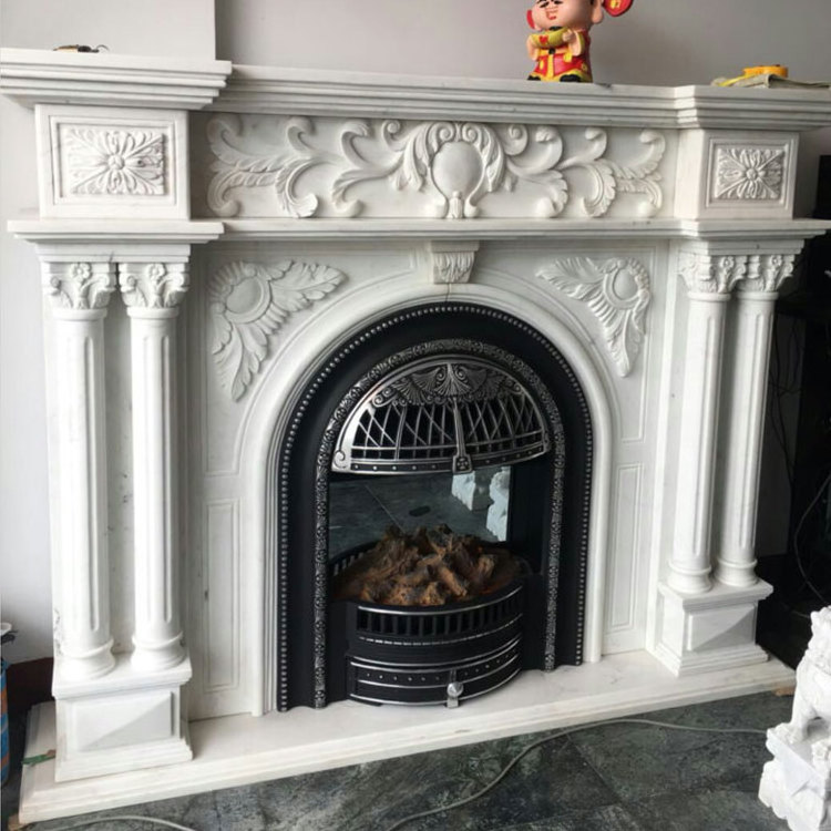 Indoor Freestanding Carved White Marble Decorative Stone Fireplace Mantle