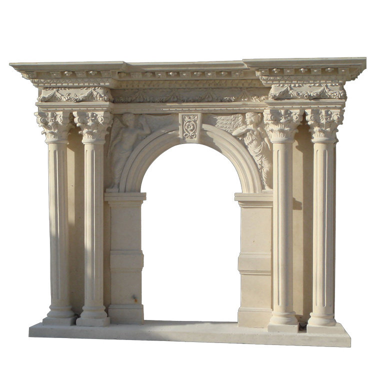 Limestone Pillar Carved Antique Marble Fireplace Mantels