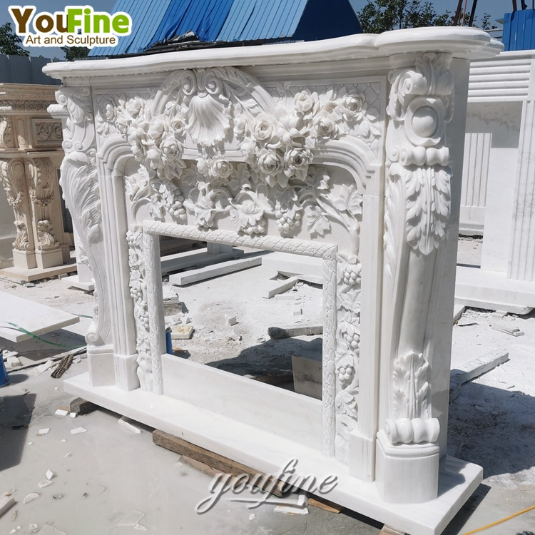 Indoor Freestanding Carved White Marble Decorative Stone Fireplace Mantle