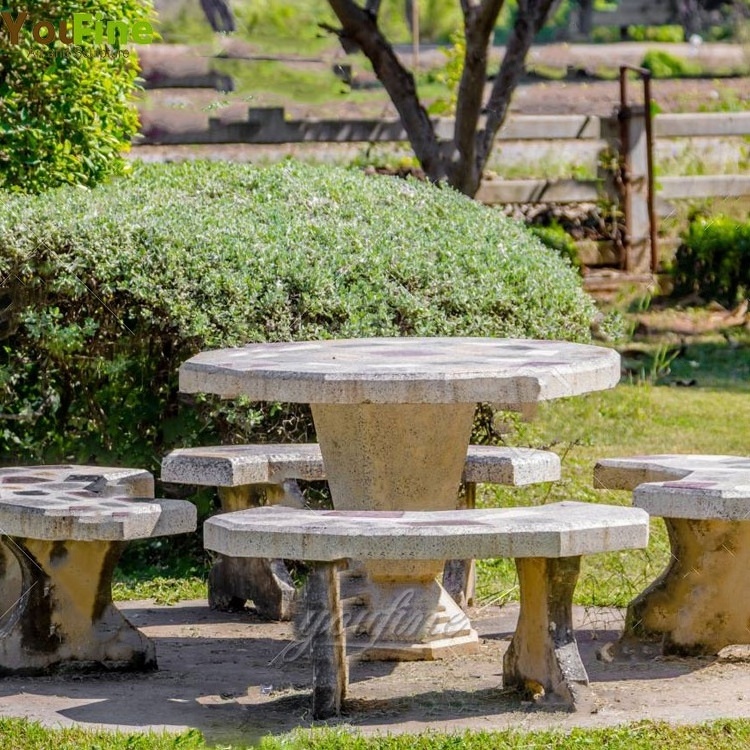 Garden stone round tables and benches for decor